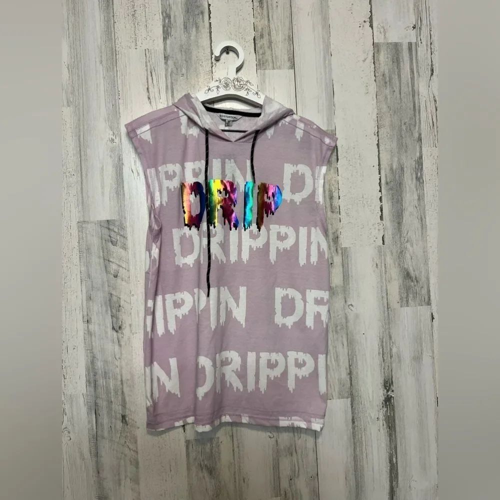 Distortion Sleeveless Hoodie Purple “Drippin” Graphic Streetwear Top Size M